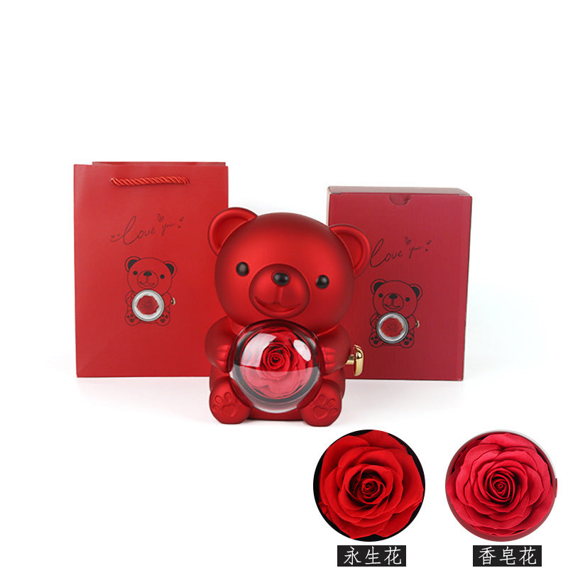 Rotating Eternal Rose Bear Necklace Gift Box